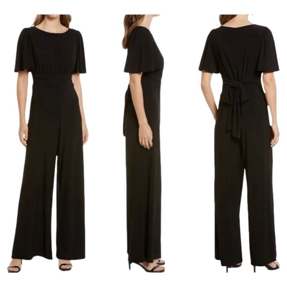Julia Jordan Black Flutter Sleeve Stretch Jersey Wide Leg Jumpsuit Sz 12 - Picture 2 of 16